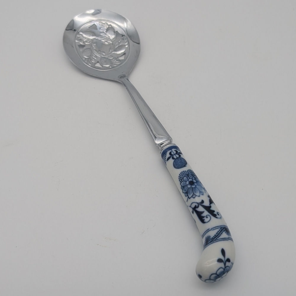 Vintage Sheffield Acorn Slotted Serving Spoon w/ Blue Onion Porcelain Handle